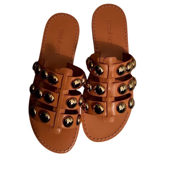 Cinq a Sept Women Tan Leather Studded Slide Sandals Gold Dome Studs Flat Size 36 - Picture 2 of 5